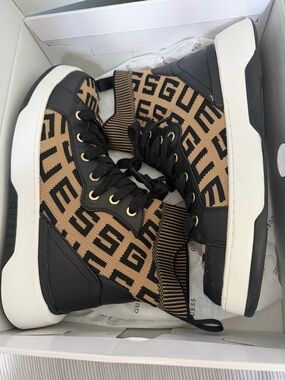 Guess Knit Logo High-Top Sneakers in Tan and Black